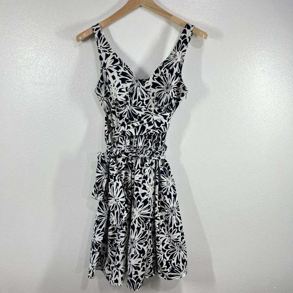American Living Navy White Floral Fit &‎ Flare Dress Belted Sleeveless Size 10